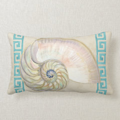 Nautilus Shell Watercolor Greek Key Damask Beach Pillows
