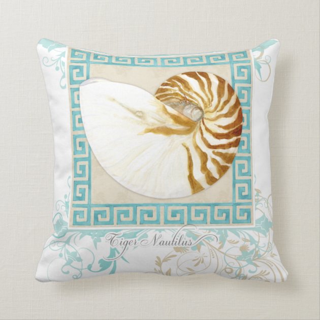 Nautilus Shell Watercolor Greek Key Damask Beach Pillow