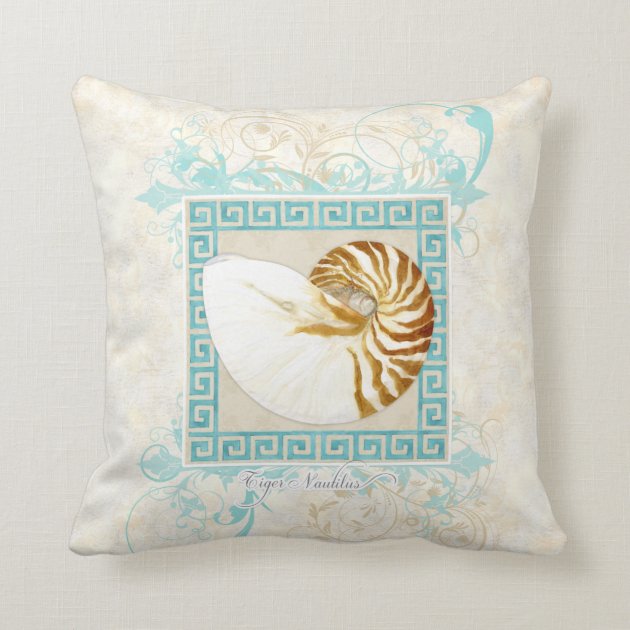 Nautilus Shell Watercolor Greek Key Damask Beach Pillow