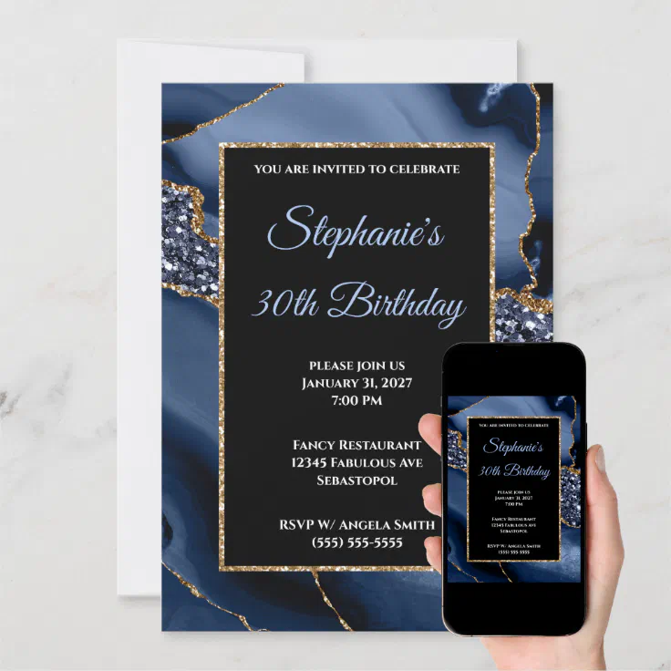 Navy Agate Gold Glitter Glam 30th Birthday Invitation Zazzle