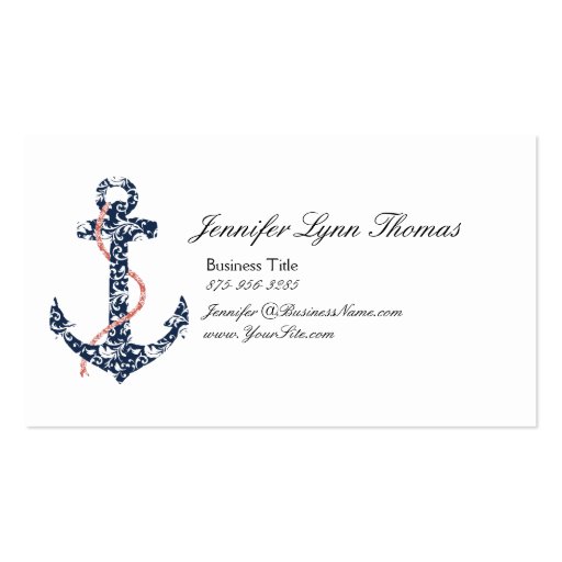 Navy and Coral Anchor Beach Vacation Business Card (front side)