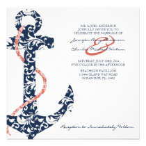 Navy and Coral Anchor Beach Wedding Invitation invitations