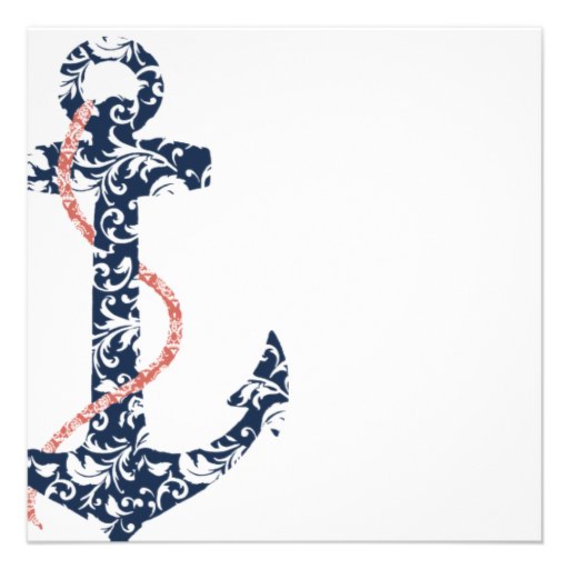 Navy and Coral Anchor Beach Wedding Invitation