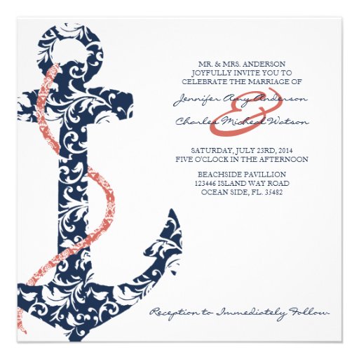 Navy and Coral Anchor Beach Wedding Invitation (front side)