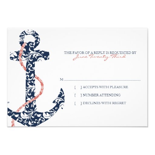 Navy and Coral Anchor Beach Wedding rsvp Personalized Invitations (front side)