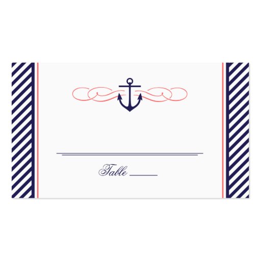 NAVY AND CORAL NAUTICAL ANCHOR WEDDING ESCORT CARD BUSINESS CARD (front side)