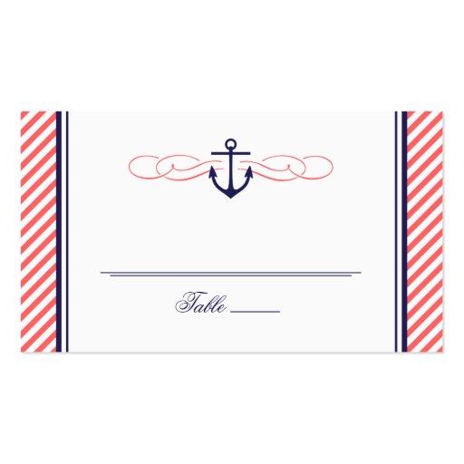 NAVY AND CORAL NAUTICAL ANCHOR WEDDING ESCORT CARD BUSINESS CARDS (front side)