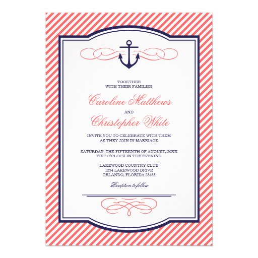 Navy and Coral Nautical Anchor Wedding Invitation
