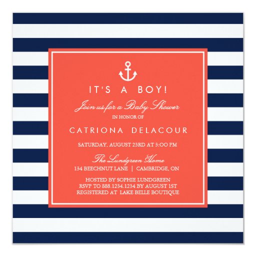 Navy and Coral Nautical Baby Shower Invitation (front side)