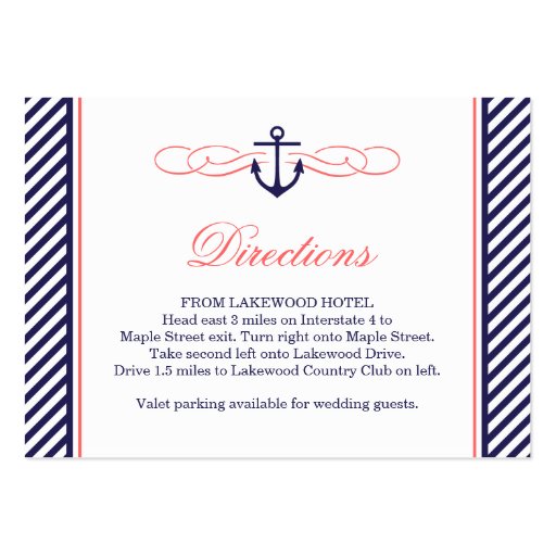 Navy and Coral Nautical Wedding Insert Card Business Card Template (front side)
