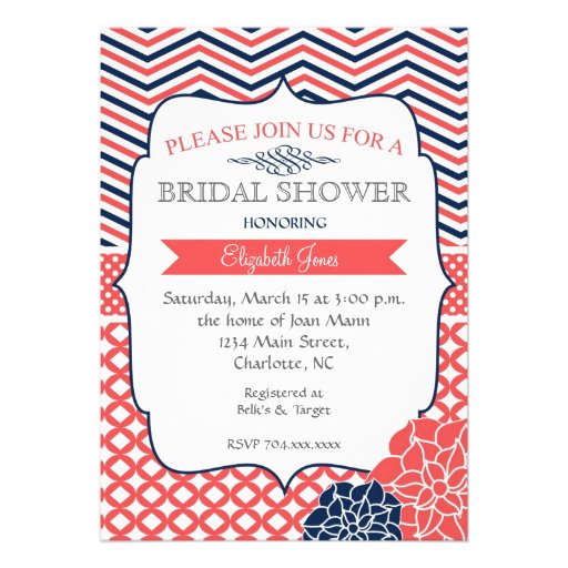 Navy and Coral Vintage  Bridal shower Invitation