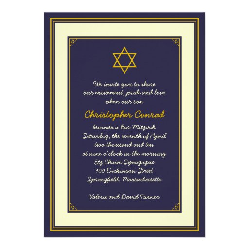 Navy and Gold Bar Mitzvah Invitation (front side)