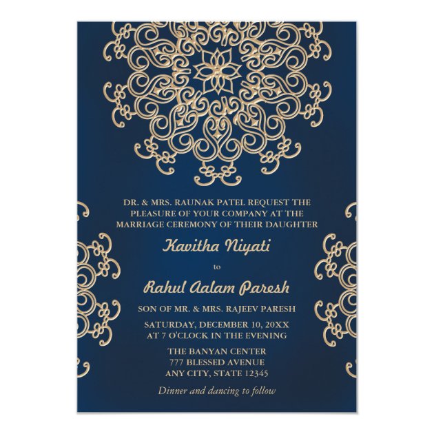 Navy and Gold Indian Inspired Wedding Card (front side)