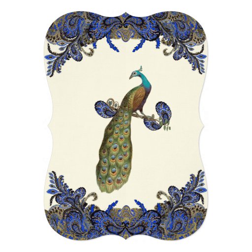 Navy and Gold Peacock Ivory Wedding Invitation