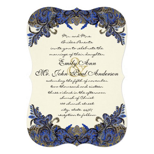 Navy and Gold Peacock Ivory Wedding Invitation
