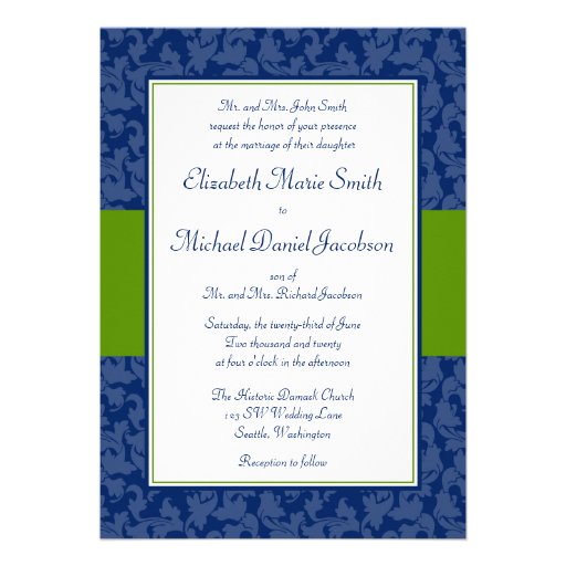 Navy and Green Damask Swirl Wedding Invitation