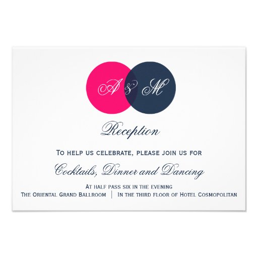 Navy and Hot Pink Monograms Wedding Reception Card (front side)