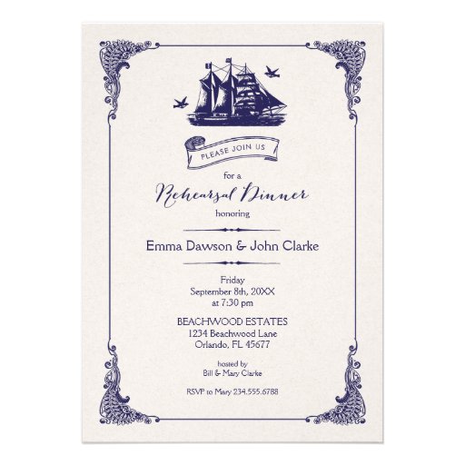 Navy and Ivory Vintage Ship Rehearsal Dinner Personalized Invitation