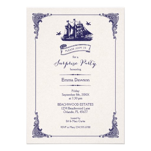Navy and Ivory Vintage Ship Surprise Party Custom Announcement
