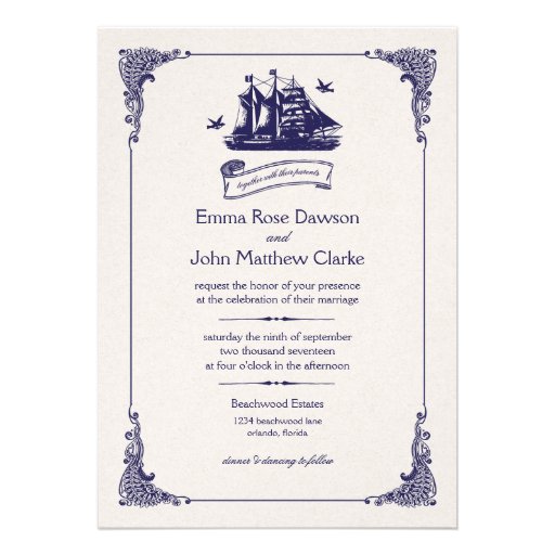 Navy and Ivory Vintage Ship Wedding Invitation
