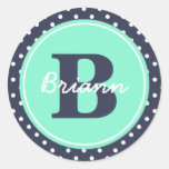 Navy and Mint Dots, Initial, and Name Round Stickers