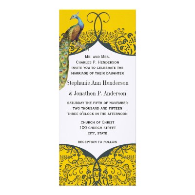 Navy and Mustard Peacock Love Bird Pattern Wedding Custom Announcement