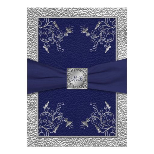 Navy and Pewter Monogrammed Wedding Invitation