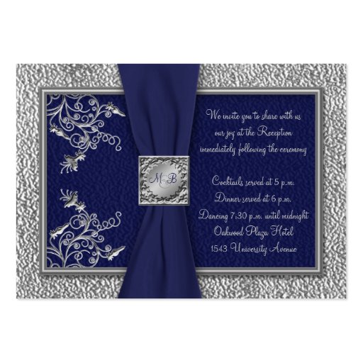 Navy and Pewter Reception Card Business Card Template (front side)