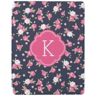 Navy and Pink Chic Vintage Floral Print Monogram iPad Cover