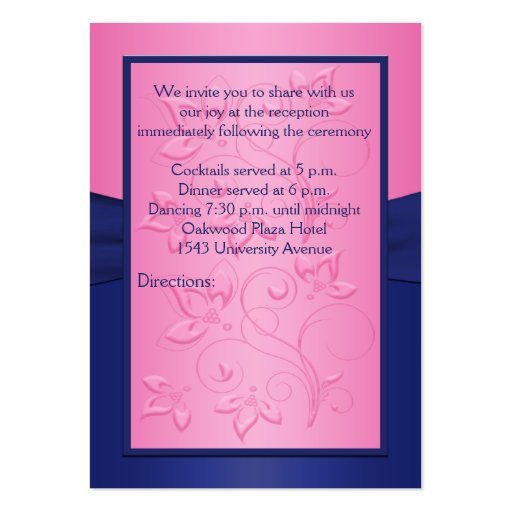 Navy and Pink Floral Reception Card Business Card (back side)