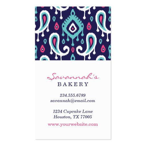Navy and Pink Ikat Paisley Business Cards