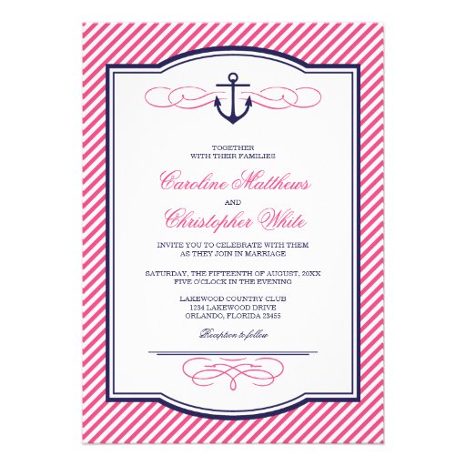 Navy and Pink Nautical Anchor Wedding Invitation (front side)