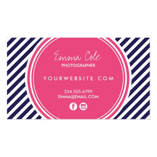 Navy and Pink Preppy Stripes Business Card (back side)
