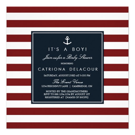 Navy and Red Nautical Baby Shower Invitation (front side)
