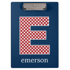 Navy and Red Polka Dots with Monogram Letter E Clipboard