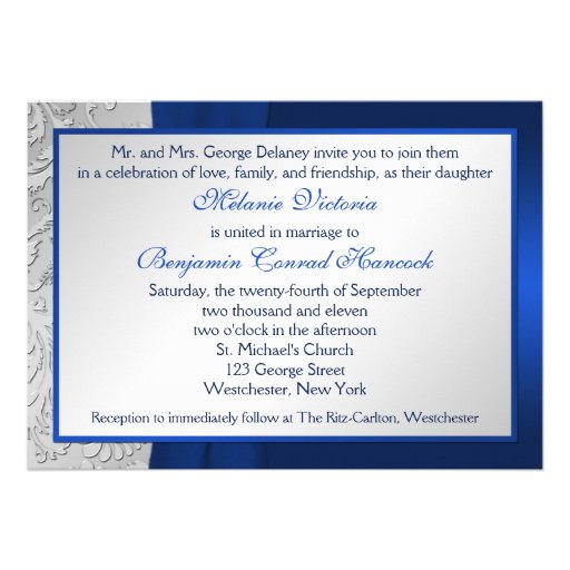 Navy and Silver Damask Monogram Wedding Invitation