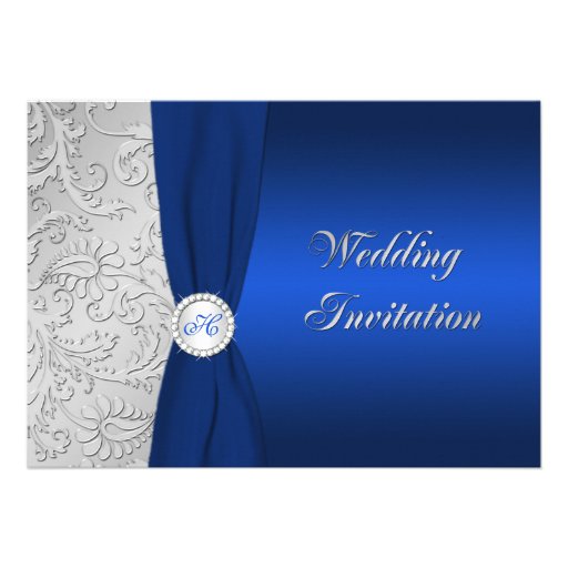 Navy and Silver Damask Monogram Wedding Invitation