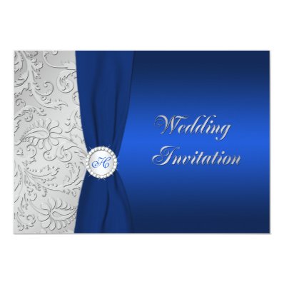 Navy and Silver Damask Monogram Wedding Invitation