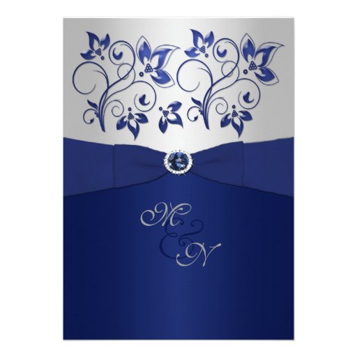 Navy and Silver Floral Monogram Invitation