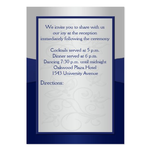 Navy and Silver Floral Reception Card Business Card Template (back side)
