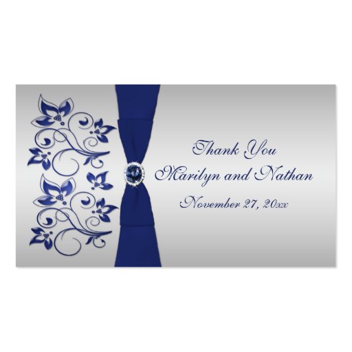 Navy and Silver Floral Wedding Favor Tag Business Cards (front side)