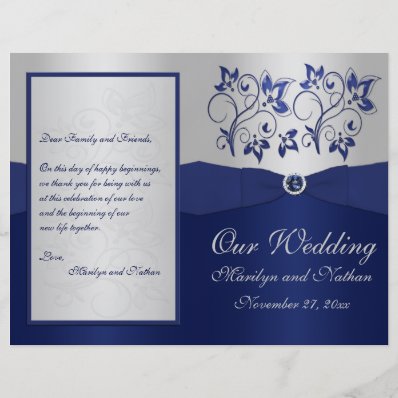 Navy and Silver Floral Wedding Program 8.5" X 11" Flyer