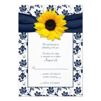 Navy and White Floral Damask Wedding Reply Card Custom Invitations