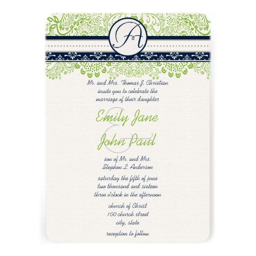 Navy Apple Green Gray Love Birds Wedding Invites