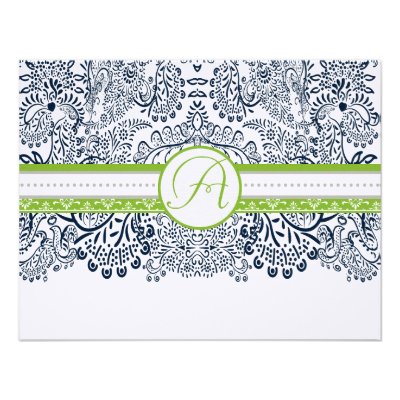Navy Apple Green Gray Love Birds Wedding RSVP Announcement
