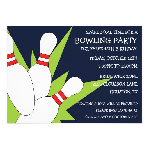 Navy Blue 7-10 Split Bowling Birthday Party Invitations