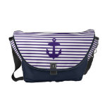 Navy Blue Anchor and Sailor Stripes Messenger Bags