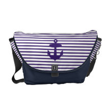 Navy Blue Anchor and Sailor Stripes Messenger Bags