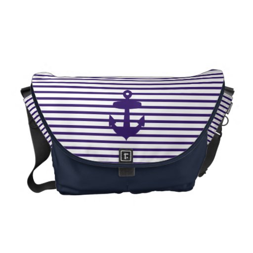 Navy Blue Anchor and Sailor Stripes Messenger Bags