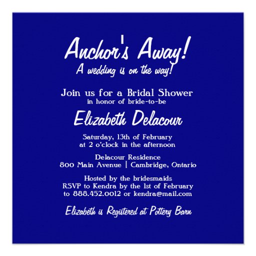 Navy Blue Anchor Nautical Bridal Shower Invitation